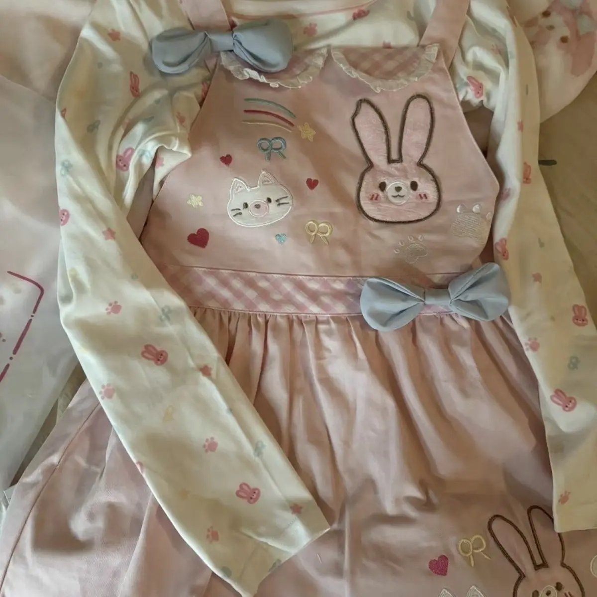 Spring Autumn New Cute Dress Sets Cartoon Printed Long Sleeved T-shirt + Bow Strap Dress 2 Pcs Mother Daughter Matching Clothes