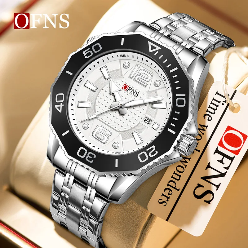 

OFNS 1625 steel strip business casual men's quartz watch with powerful fluorescent hands 3ATM waterproof rotating bezel date