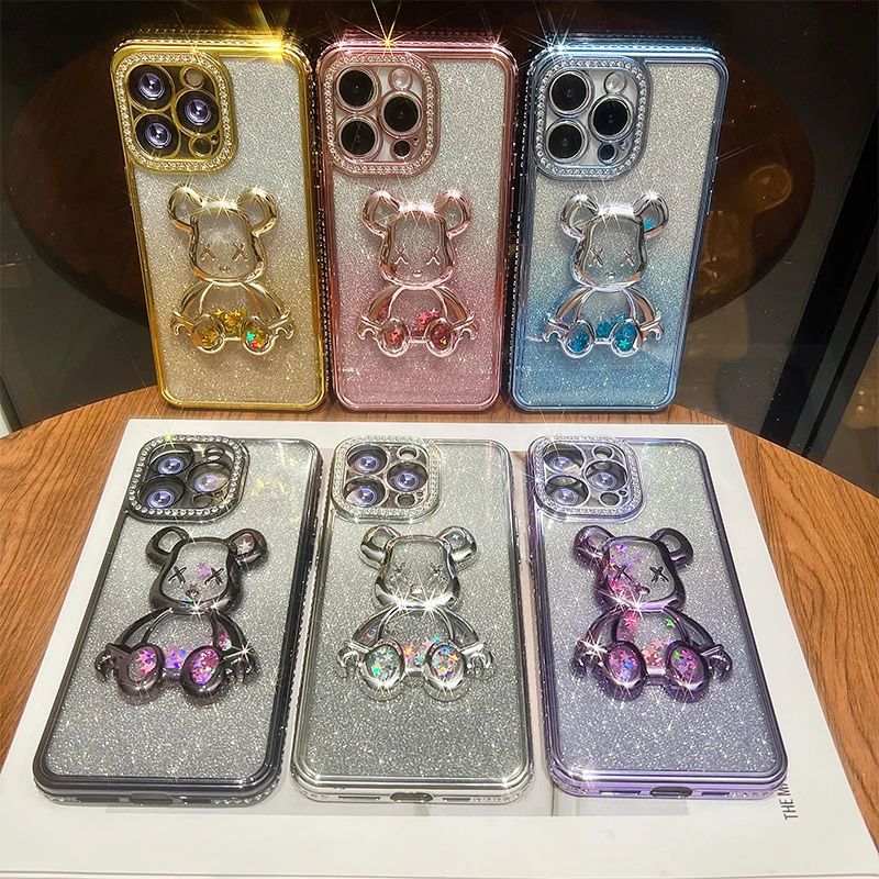 Glitter Teddy Bear Case with Lighting Luxury Fashion Cover For iPhone 17 ProMax Air 16 Pro 15 14 Plus 13 Pro Max 12 11 ProMax view 6