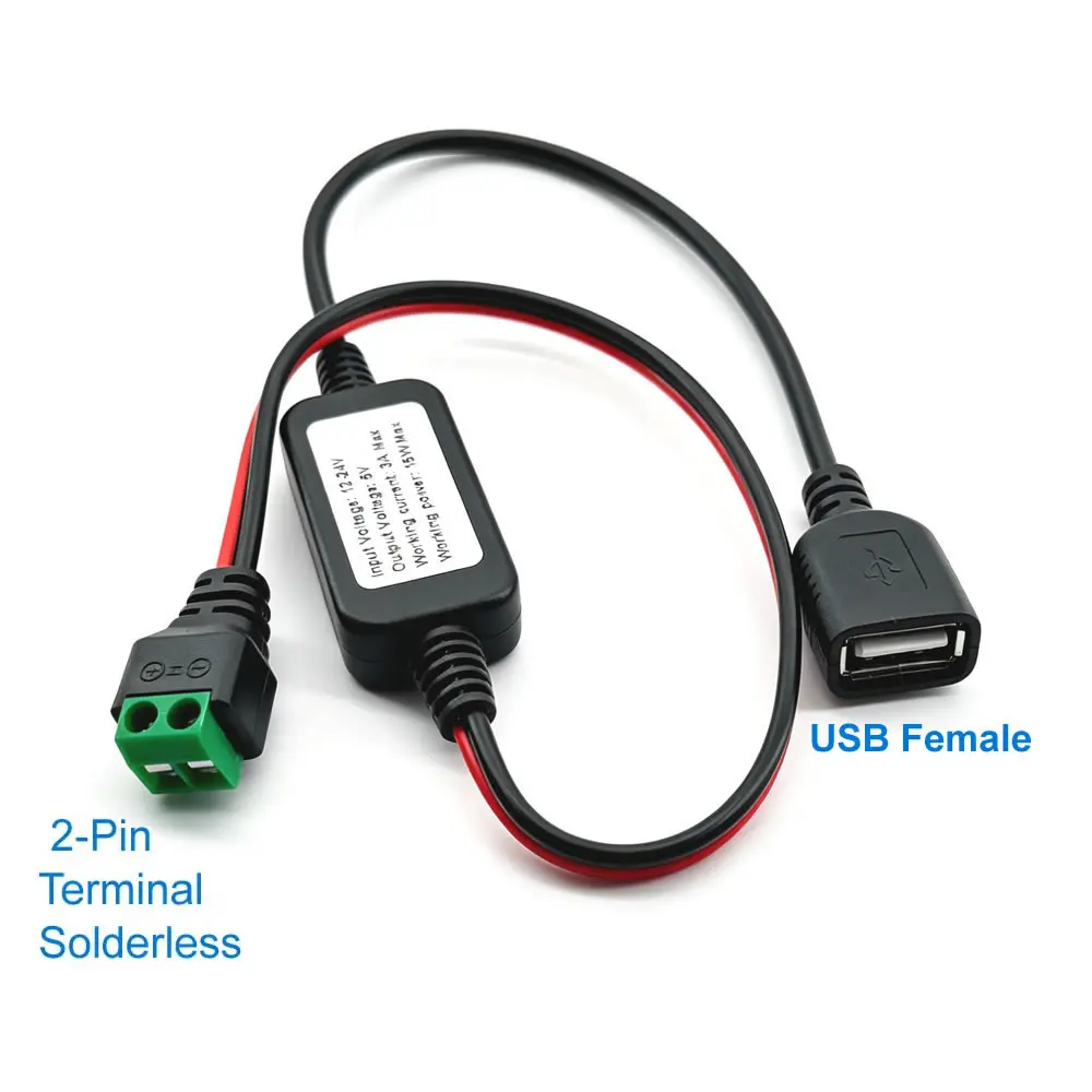 12V/24V to 5V Converter DC-DC Buck Module Power Adapter Cable 2pin Solderless Terminal to USB-A/Type-C Step Down Charging Cable view 5