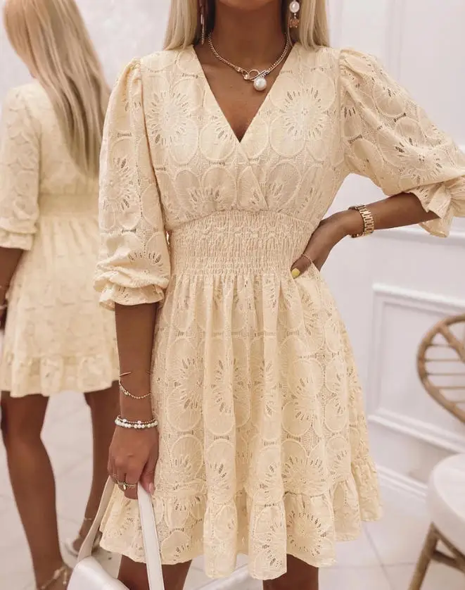 

Women's Dress Summer New Style Fresh and Sweet Solid Color Crochet Lace Patchwork V-Neck Cinched Lantern Sleeve A-Line Dress