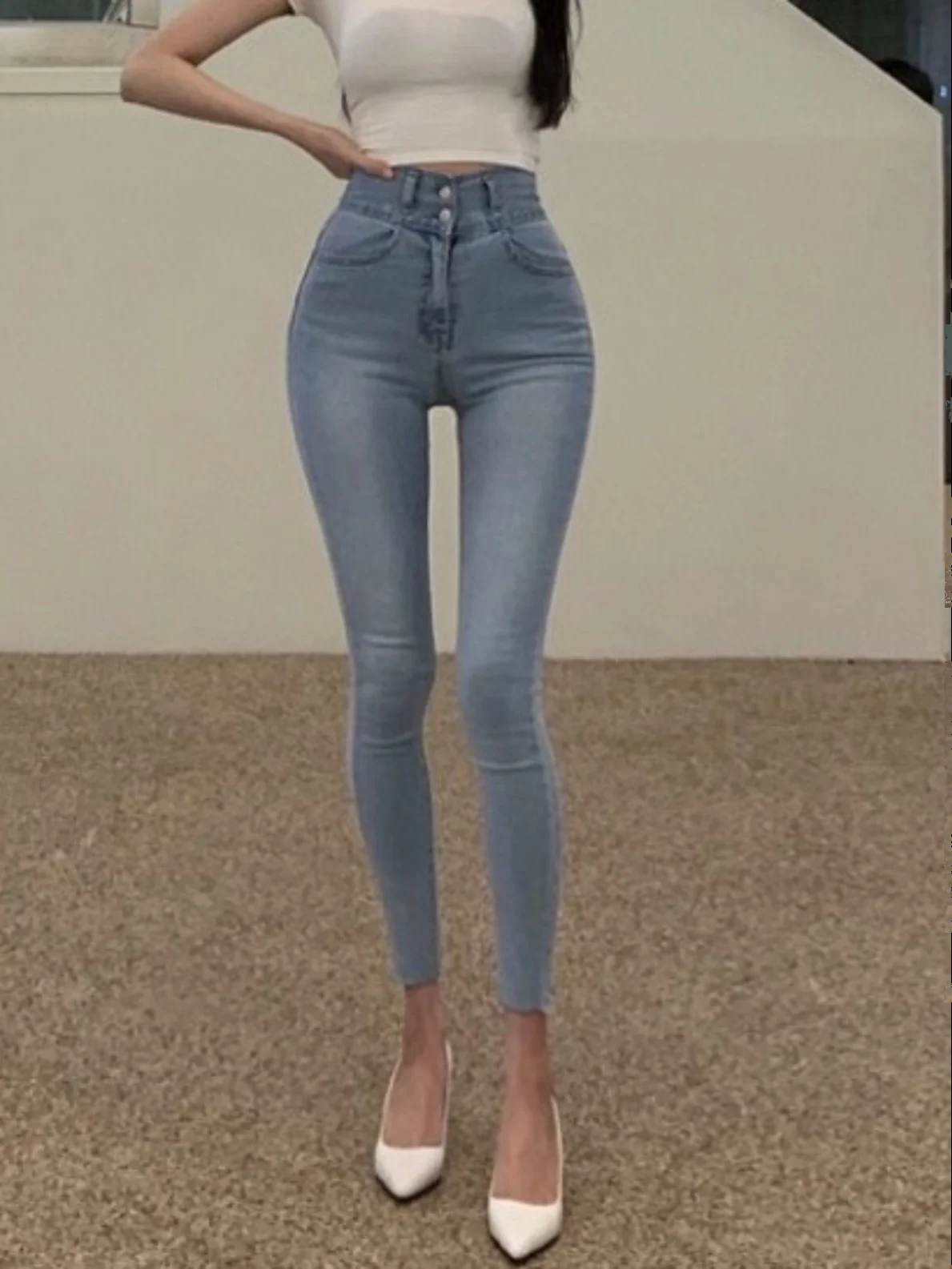 

High Waist Slimming Elastic Women's Pencil Jeans with Butt Pad 2024 New Sle Cotton Stretch Denim Light Blue Nine Points