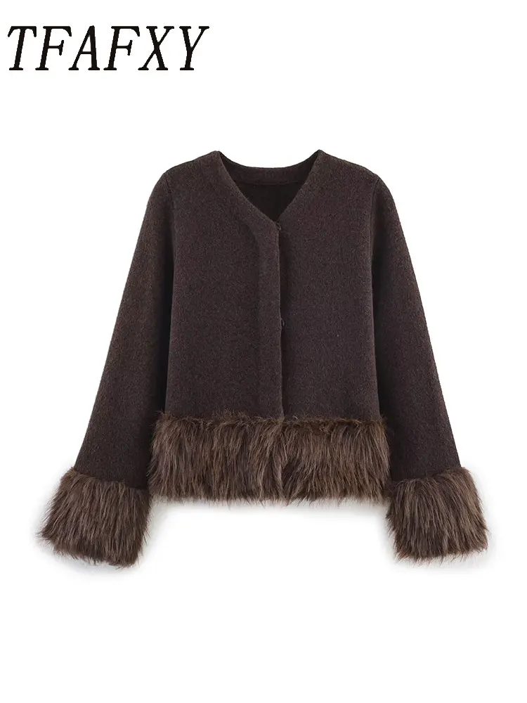 

TFAFXY Women Knitted Cardigan 2025 Autumn Artificial fur spliced Long Sleeve Single Breasted Loose Sweater Female Top Y2K