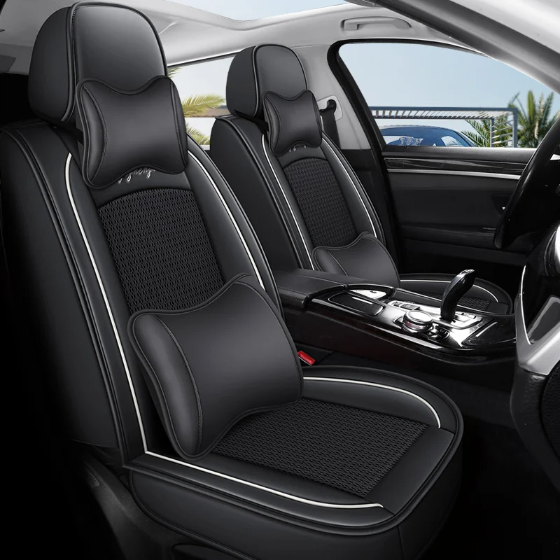 Front Row Double Seat, Luxurious Ice Silk Full-Cover Car Seat Cover, Universal Fit, Delicate Texture Fabric, Not Easy to Wrinkle, Comfortable, Breathable, and Wear-Resistant, Suitable for All Seasons, Ergonomic Design, Three-Dimensional Side Support, Paired with Luxurious Headrest and Lumbar Support, Enhances Driving Experience, Available in 4 Colors, Suitable for Sedans, Suvs, Pickup Trucks and Other Various Models