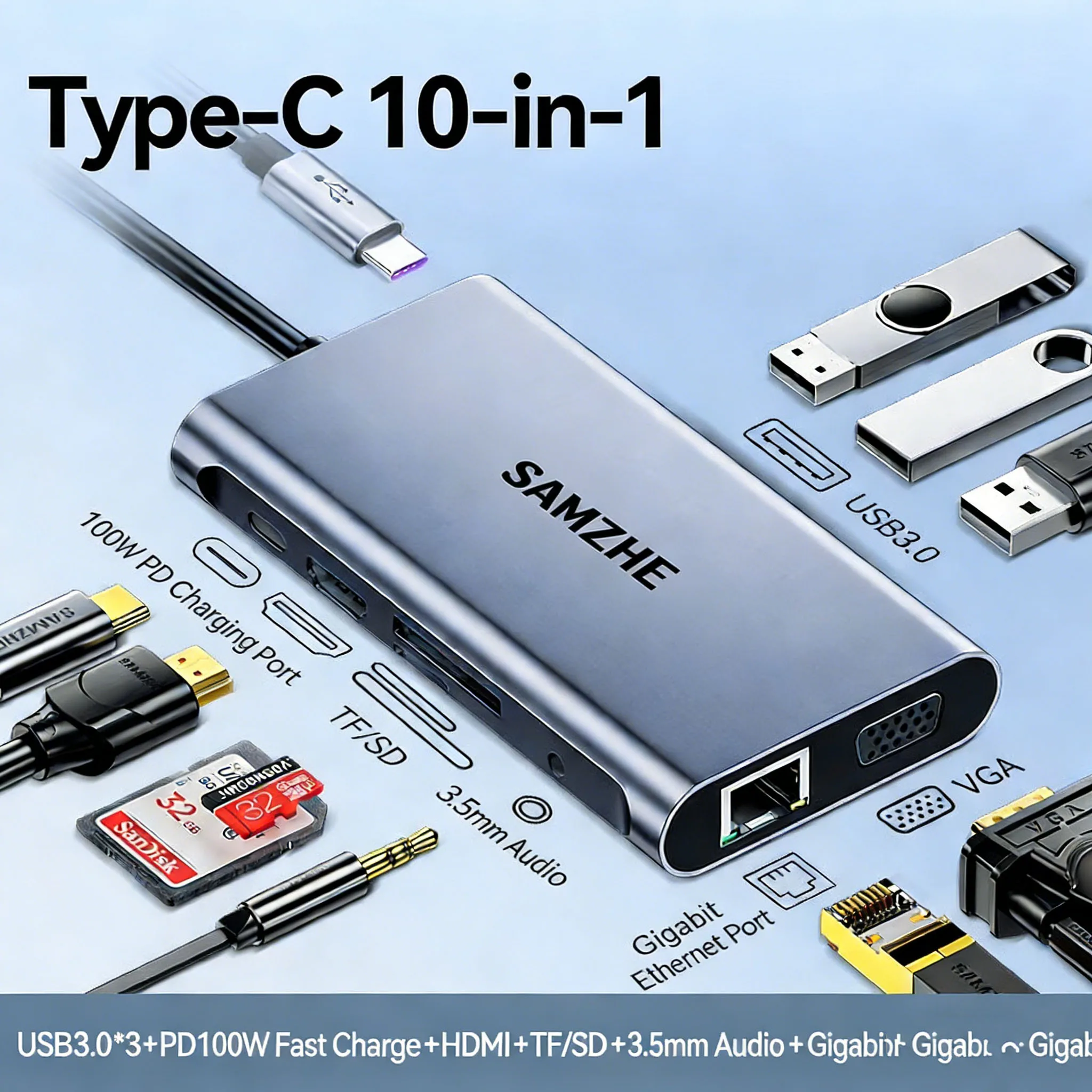 SAMZHE 10-in-1 USB HUB Type-C naar 4K60Hz HDMI 5Gbps USB C&A 1000Mbps RJ45 PD100W SD&TF voor laptopaccessoires MacBook Pro Dell HP