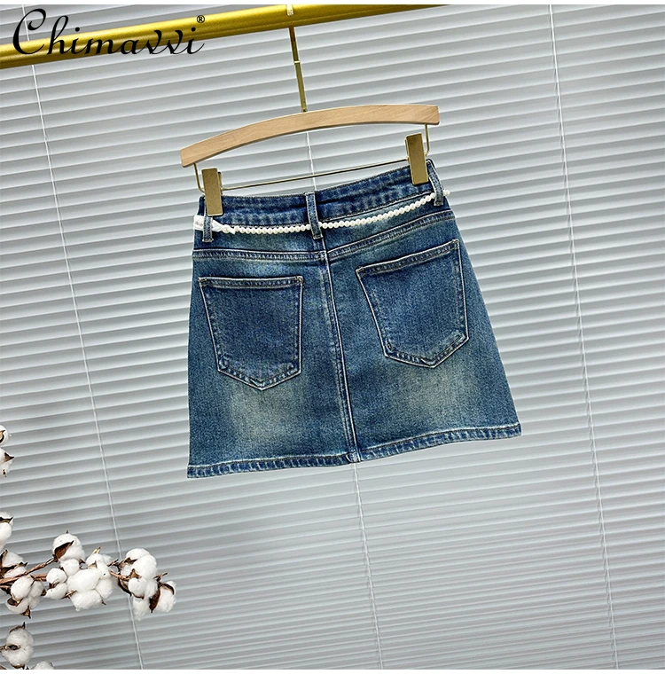 Fashion Anti-light Denim Short Skirt Women's 2025 Summer New Heavy Hot Diamond Beads High Waist Slim Short A-shaped Skirts