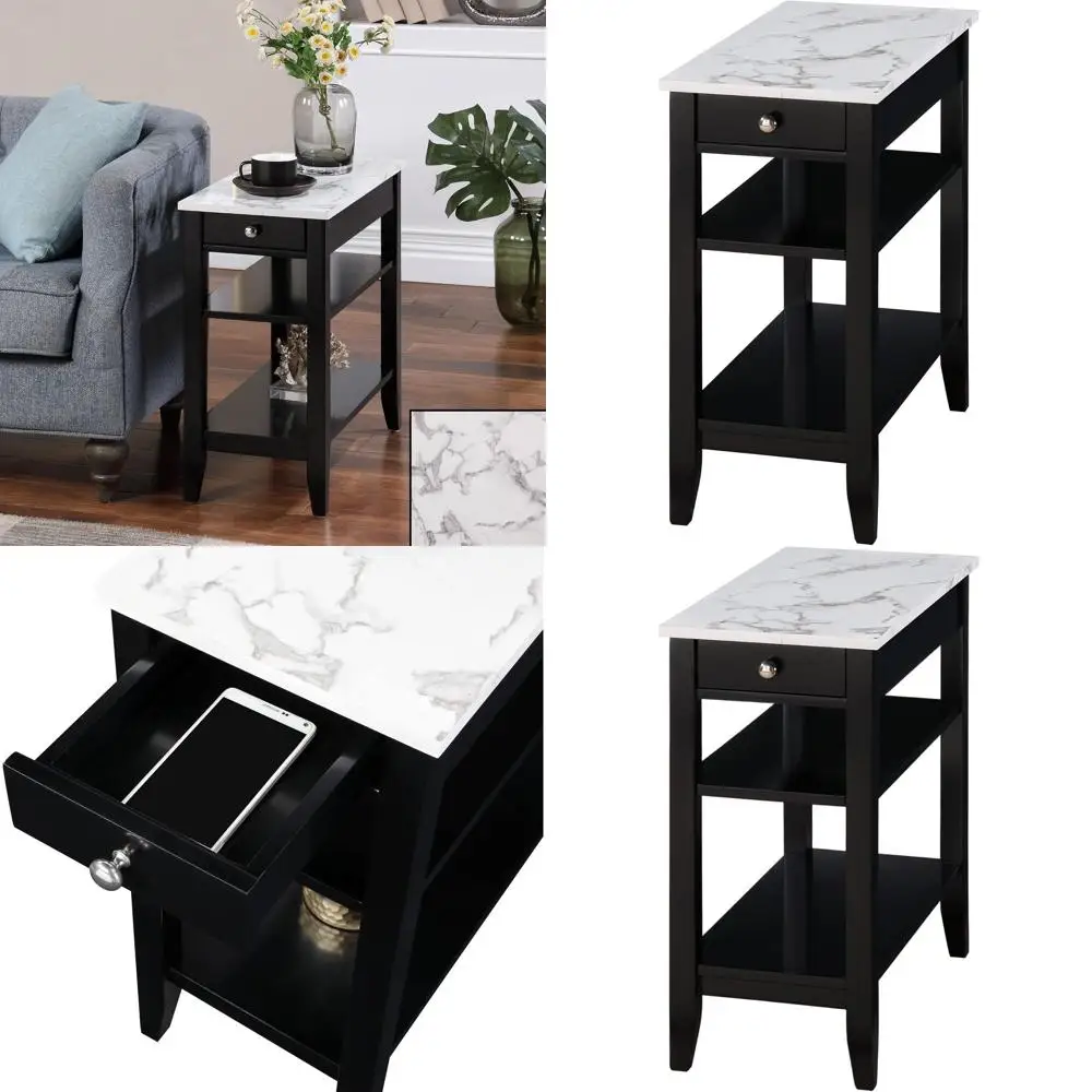 

Classic White Marble-Top Side Table with Drawer and Black Base for Living Room or Bedroom Storage