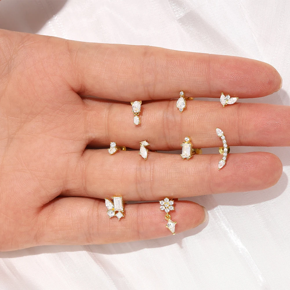 ROXI 925 Sterling Silver 1Piece geometric zircon tassel piercing earring for Women 18K gold flat head Party Wedding Jewelry image 2