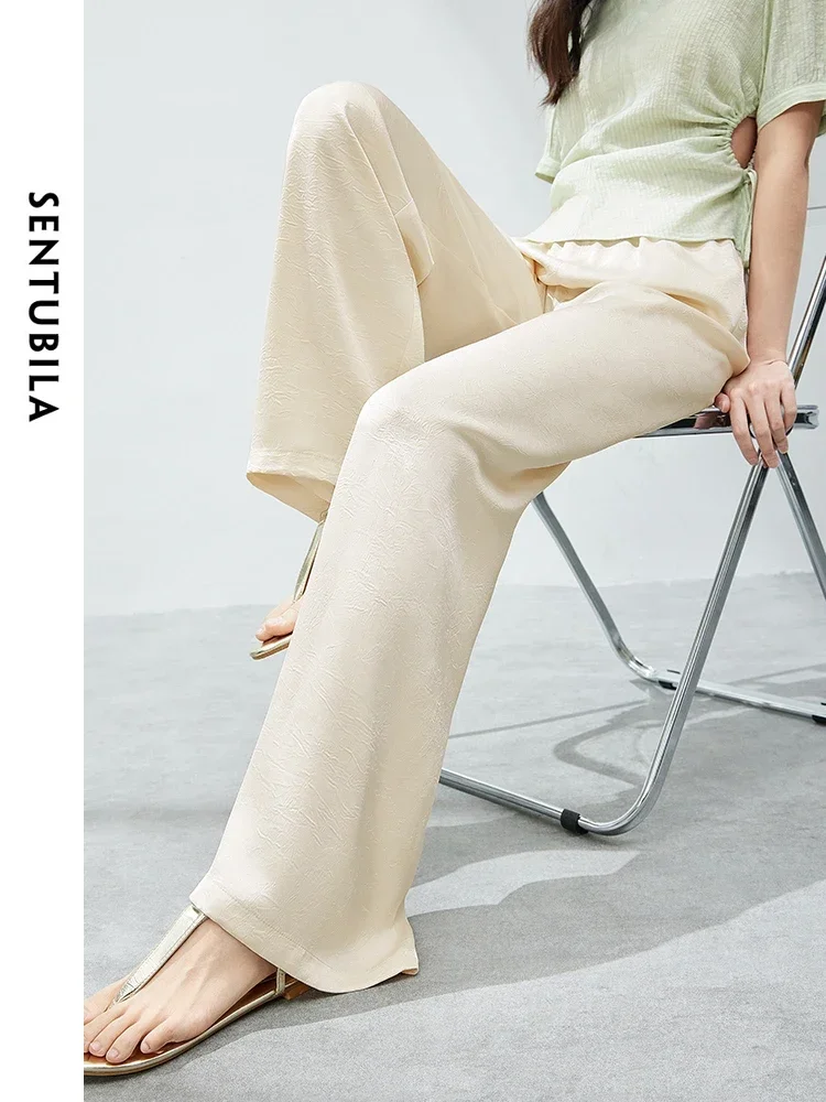 SENTUBILA Texture Folds Casual Pants for Women 2024 Summer Elegant Straight Wide Leg Elastic Waist Female Trousers 142K54454