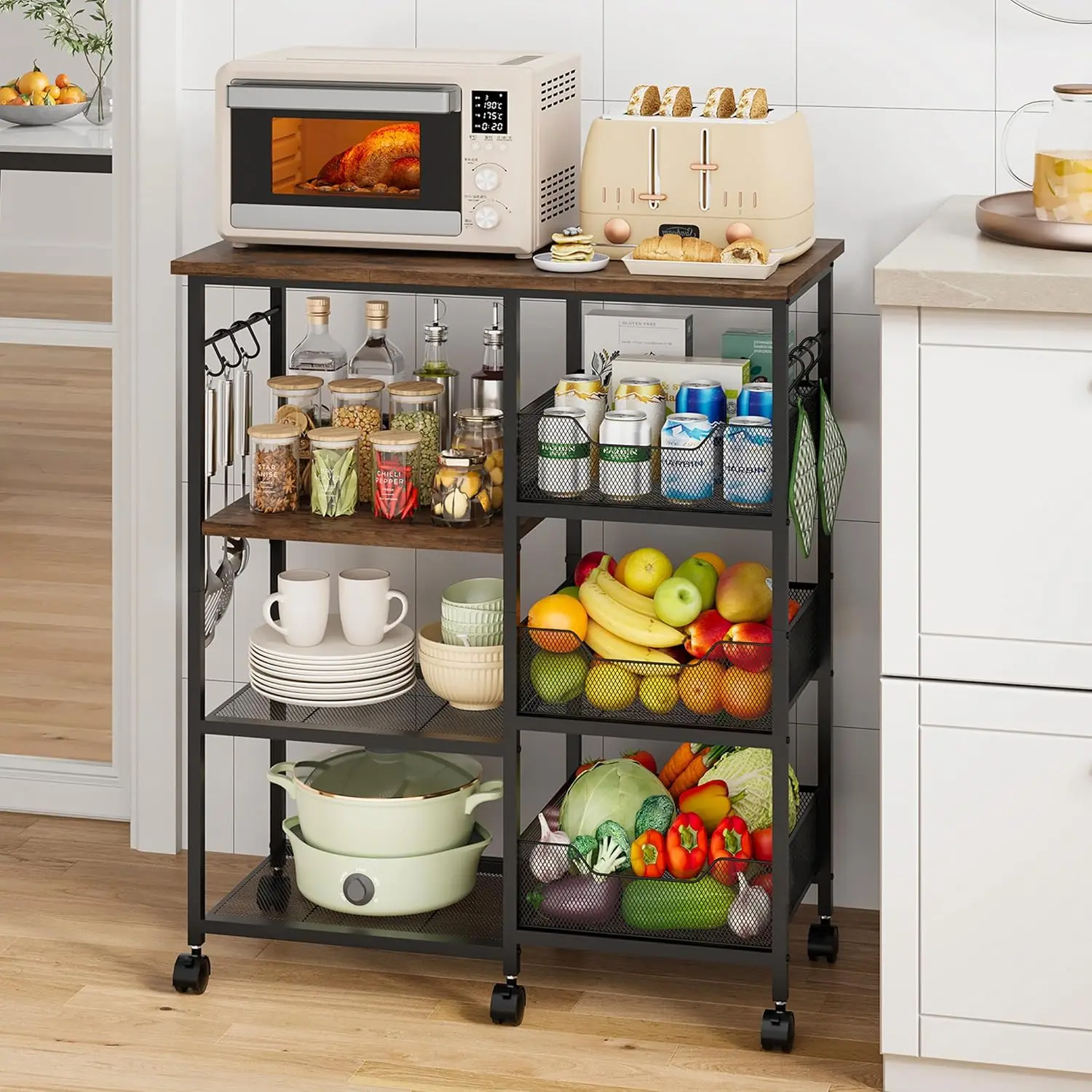 

4-Tier Rolling Kitchen Cart with Storage, Hooks & Locking Casters - Microwave Table Utility Organizer for Dining Coffee Bar