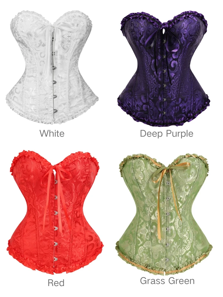 Gotisches Jacquard-Korsett-Oberteil mit Rüschenkragen, Stahlbügel vorne, verstärkt, Damen, Vintage, Halloween, Cosplay-Kostüm, 28 Farben – Detail 8