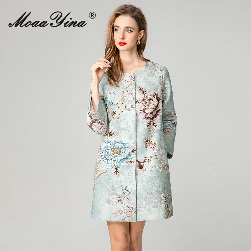 معطف MoaaYina لخريف وشتاء 2025 للسيدات جديد عصري برقبة دائرية وأكمام طويلة من قماش الجاكار وخرز للأظافر سترة واقية من الرياح #1
