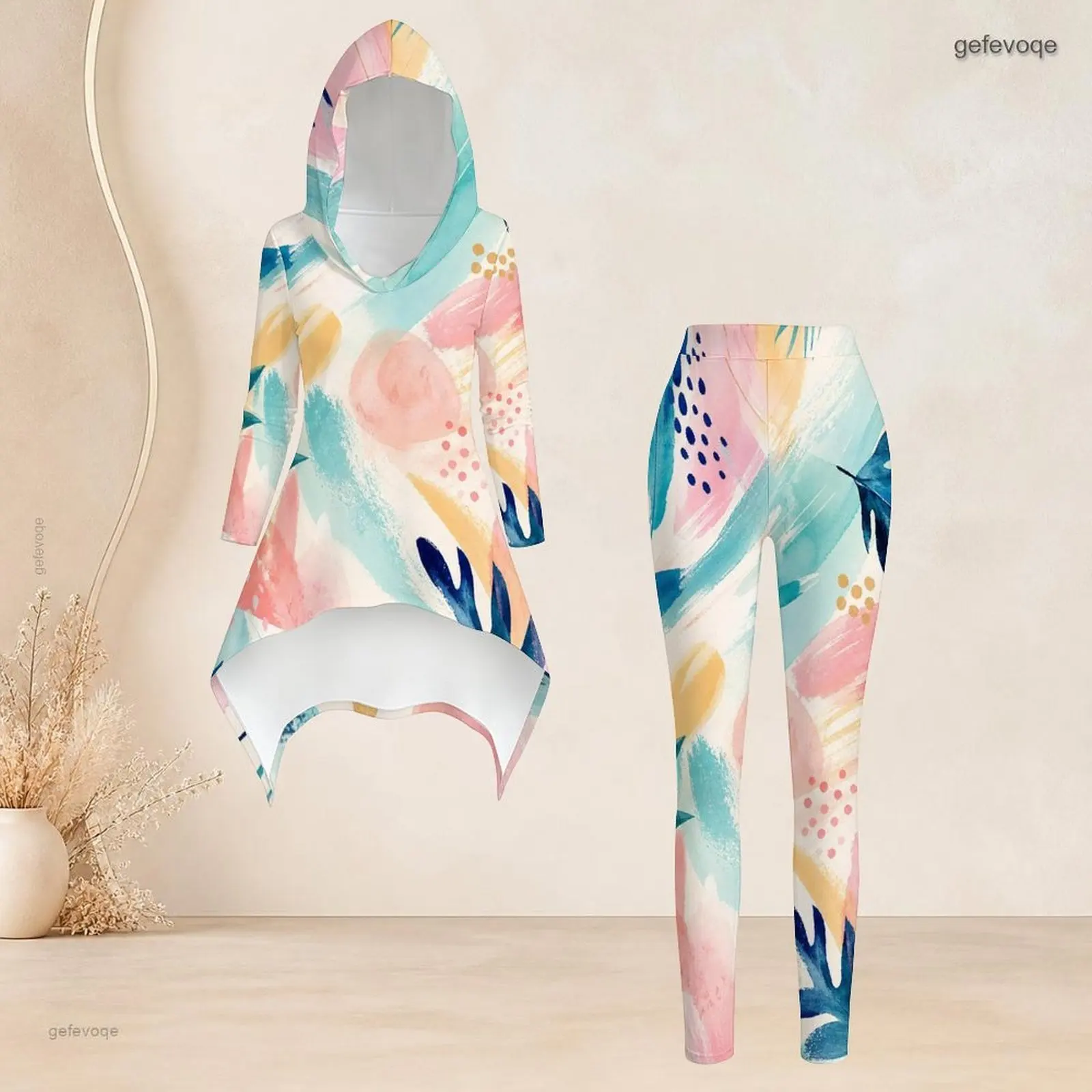 Women Abstract Brush Art Printed Hooded Long Sleeve Asymmetric Top and Fitted Leggings Two Piece Set