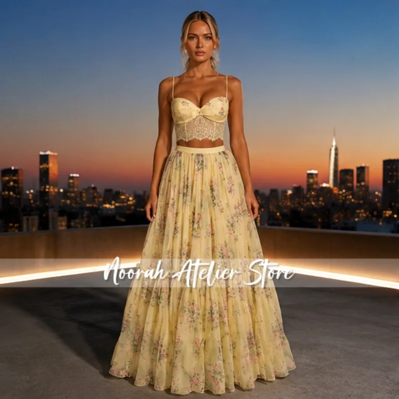 

Yellow Floral Two-Piece Customized Prom Dresses 2026 Lace Corset Top Chiffon Long A Line Formal Evening Gowns Long Vestidos