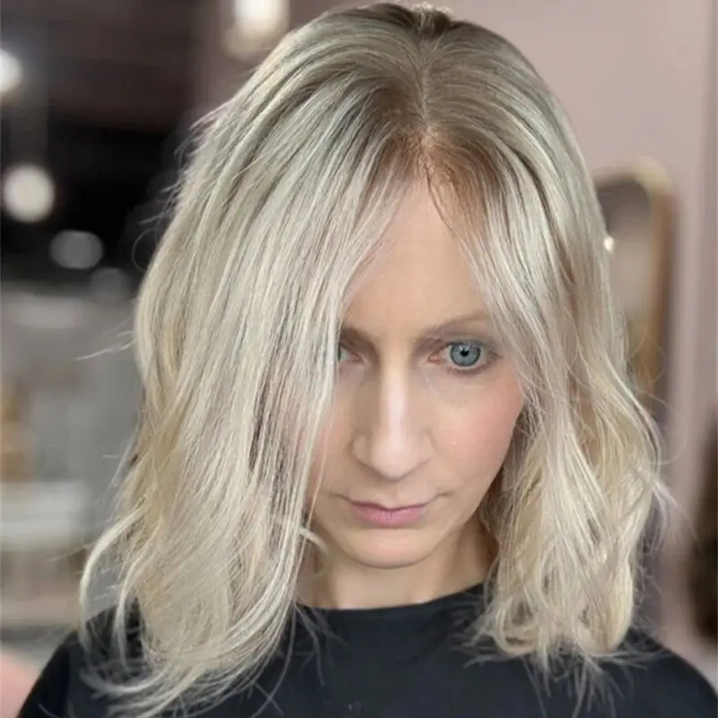 

New In Short Wave Bob Ombre Icy Platinum Blonde Highlights Synthetic Lace Front Wigs Natural Preplucked Hairline with Baby Hair