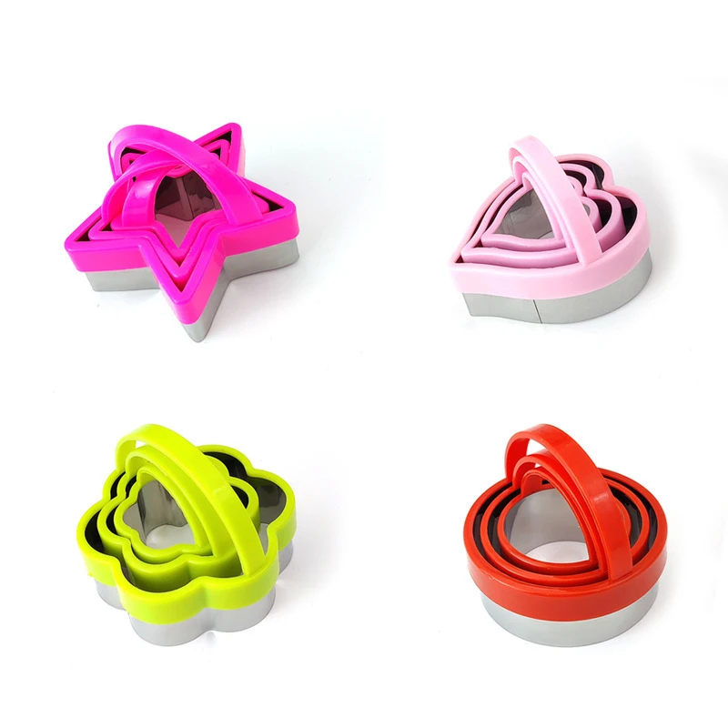 3PCS Stainless Steel Cookie Cutter With Plastic Handle Flower Heart Five-Pointed Star Shaped Baking Fondant Decoration Cake Mold