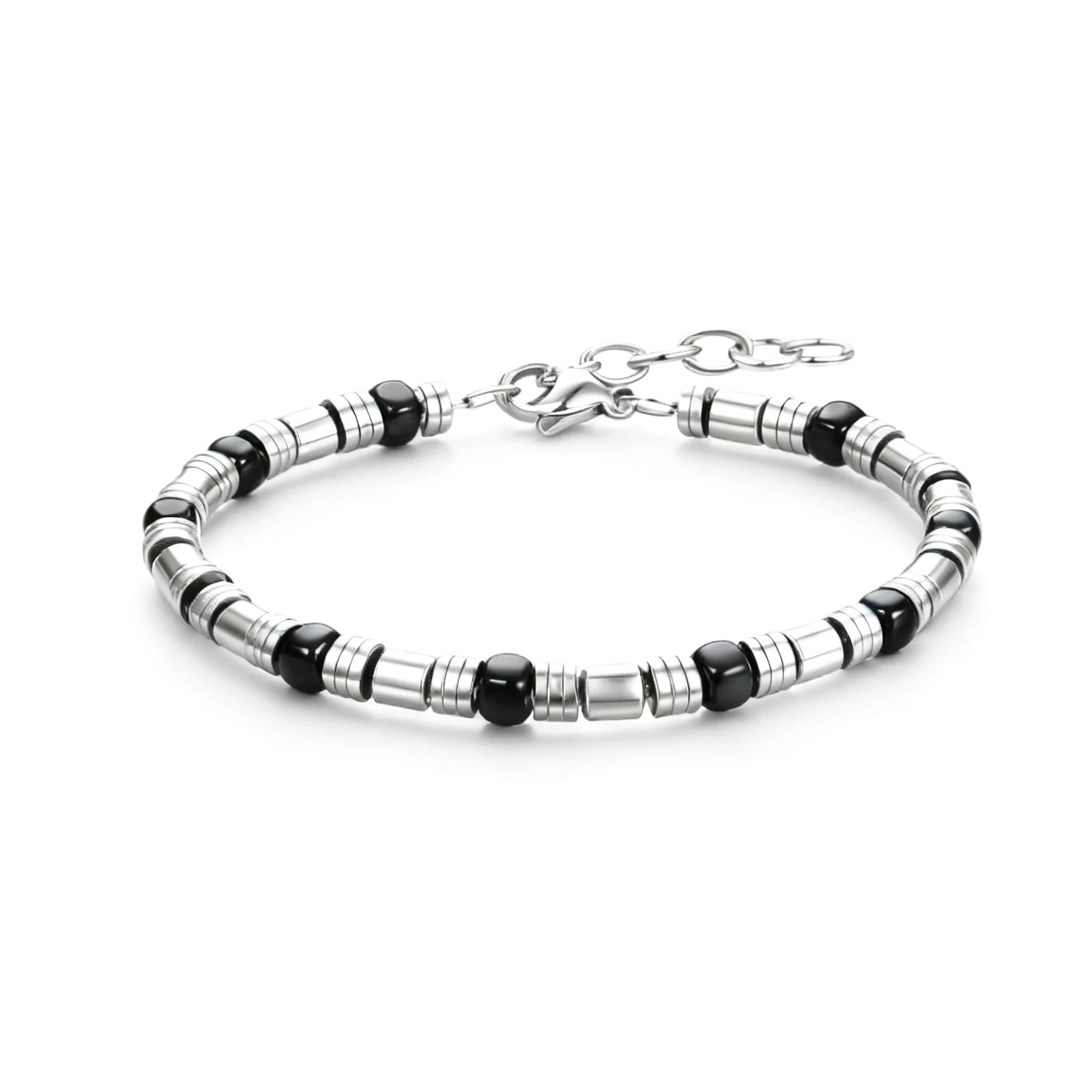 

Runda Men's Adjustable Cuff Bracelet 4mm Stainless Steel Chain Black Beaded Fashion Accessory 22cm