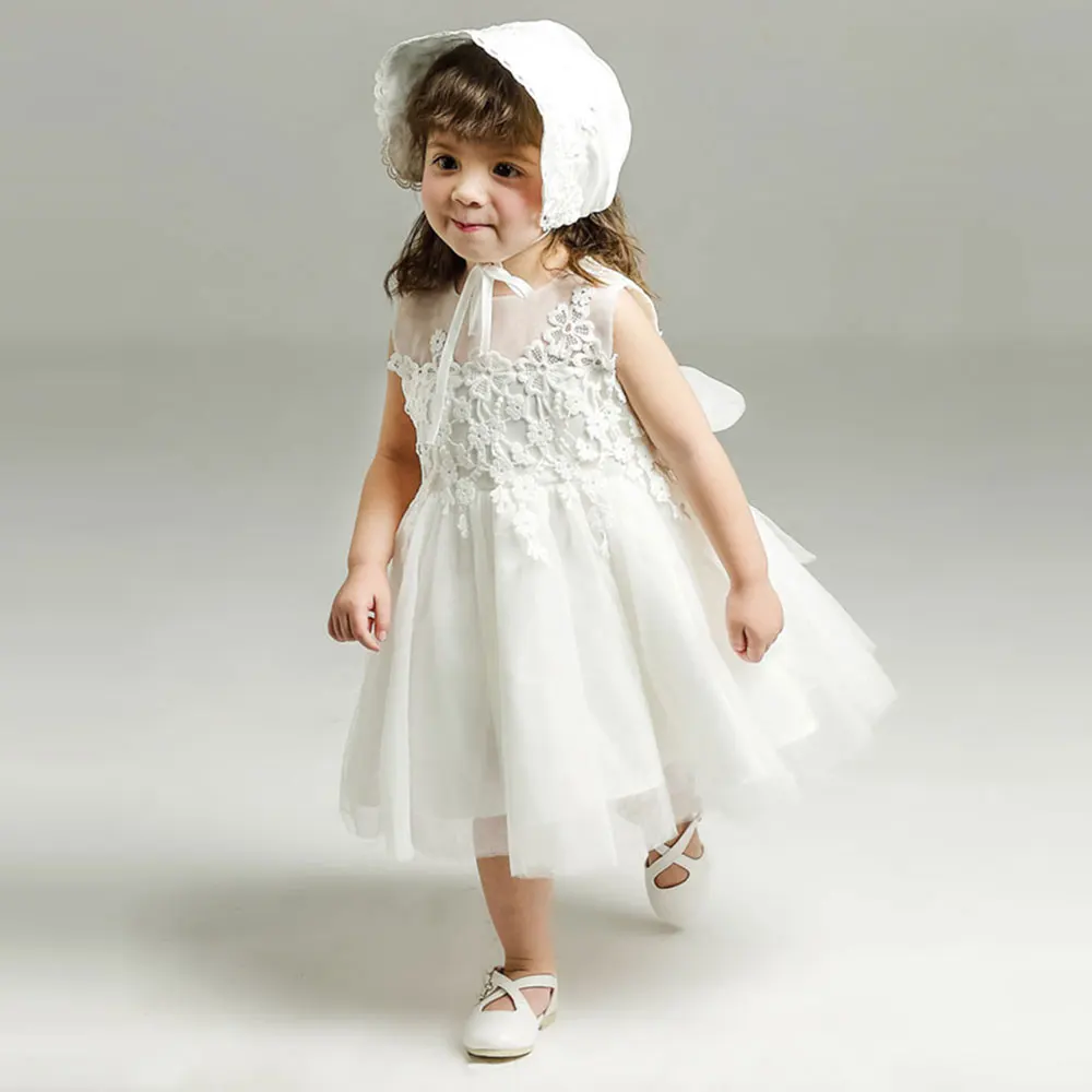 Baby Princess Dress for Girls Infant Christening Dresses Kids White Clothes for Birthday with Hat 0-24 Months