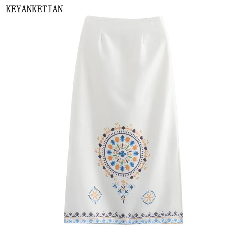 

KEYANKETIAN 2024 New Launch Women's Totem Print MIDI Skirt Autumn Ethnic style Side Zipper High waist A Line Ankle-length Skirt