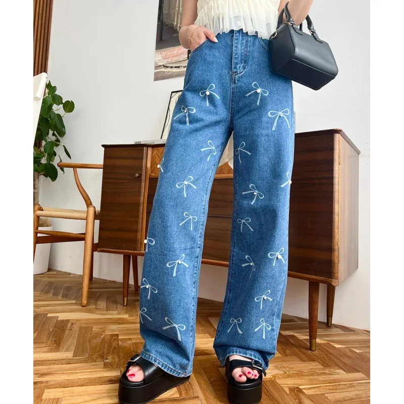 KUSAHIKI Printed Bow Tie Nail Bead Jeans Fashionable Pearl Women's Pants Versatile Autumn Winter Demin Long Trousers