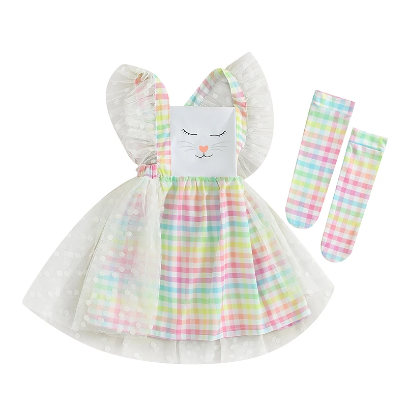 Wankitoi Infant Toddler Baby Girl Easter Outfit Bunny Romper Dress Tulle Sleeveless Lace Dress Socks Baby Girl Clothes