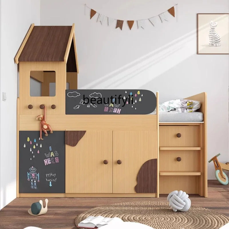 

Nordic Small Multi-Functional Combined Bed Semi-High Bed Bed Cabinet Integrated Boys and Girls with Desk