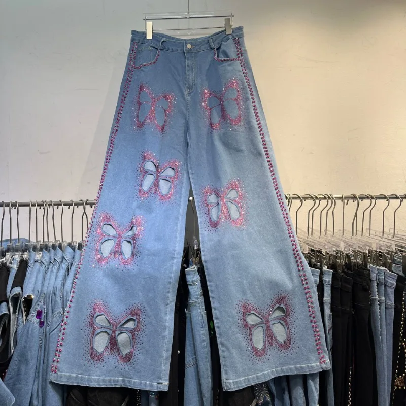 

Джинсы SZP Heavy Industry Butterfly Hot Diamond, новый дизайн лета 2025, нишевые прямые брюки для похудения