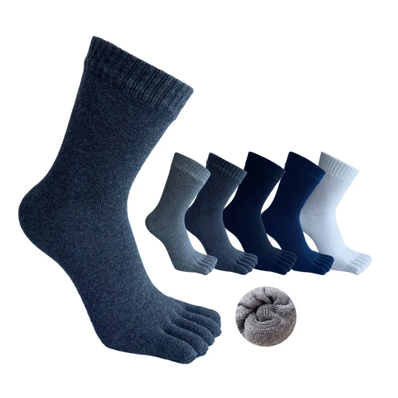 Winter Thick Toe Socks Man Solid Cotton Business Soft Sweat-Absorbing Keep Warm Floor Against Cold Snow Terry Five Finger Socks