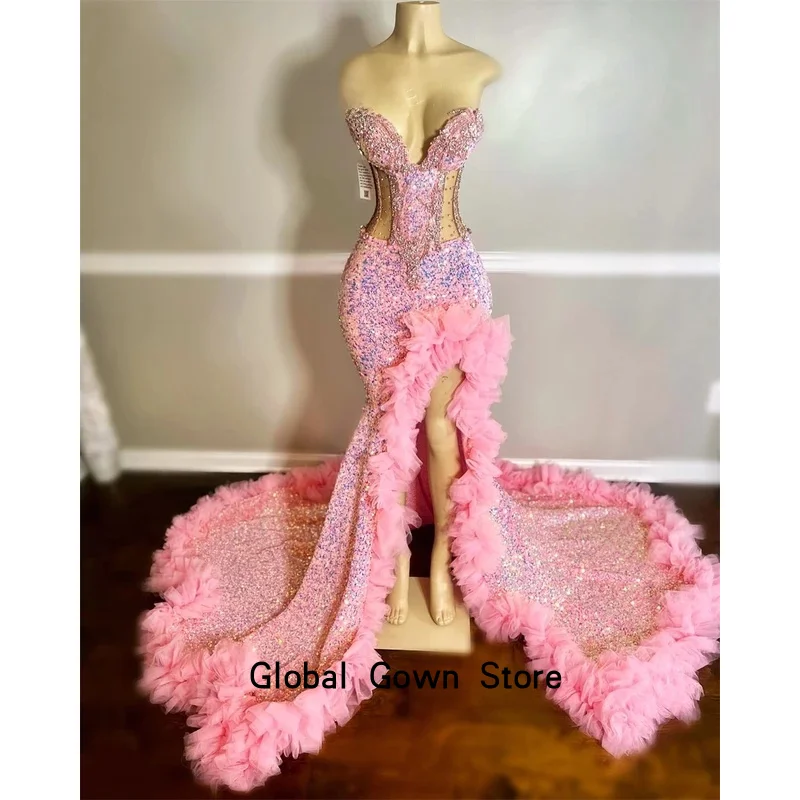 Różowe Sukienki na Bal Maturalny 2025 w Stylu Syreny z Wysokim Rozcięciem, Luksusowe, z Iluzją, Ozdobione Koralikami i Cyrkoniami, Suknie na Uroczystość Zakończenia Szkoły dla Czarnoskórych Dziewczyn, Szyte na Miarę