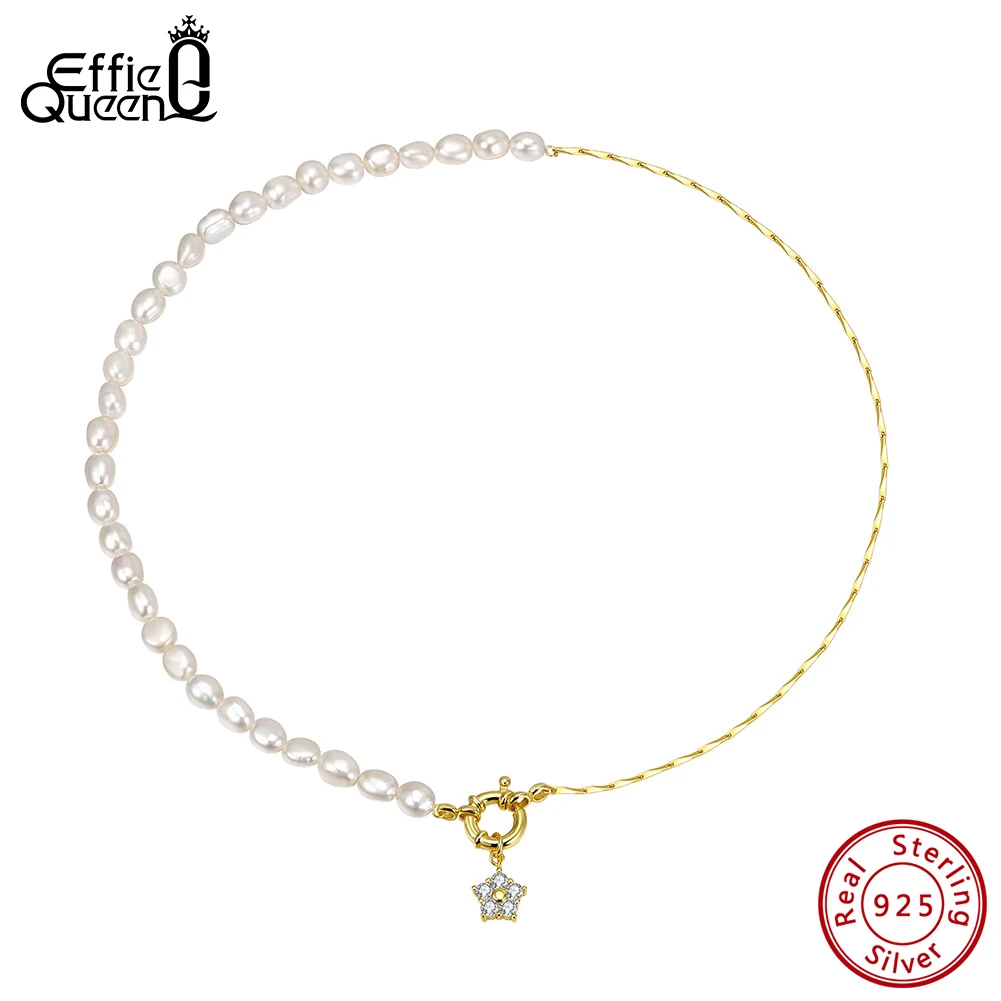 EFFIE QUEEN 5-6MM Freshwater Pearl Beads Necklace 925 Sterling Silver Zircon Star Pendant Collar Chain Women Jewelry Gift GPN92