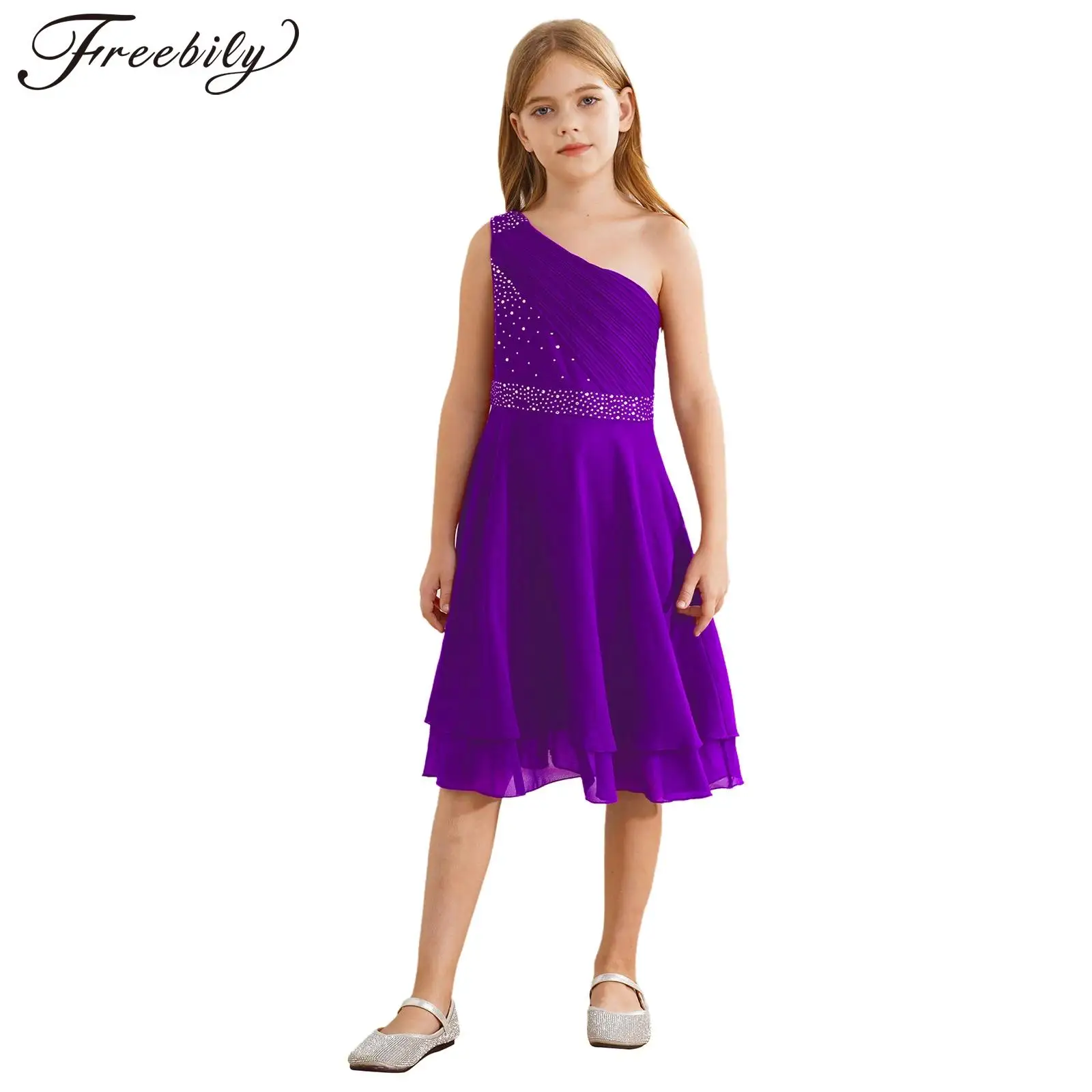 Kid Girl Chiffon One Shoulder Sleeveless A-line Dress Children Dress for Ballroom Dance Prom Party Gown Petites Filles Robes