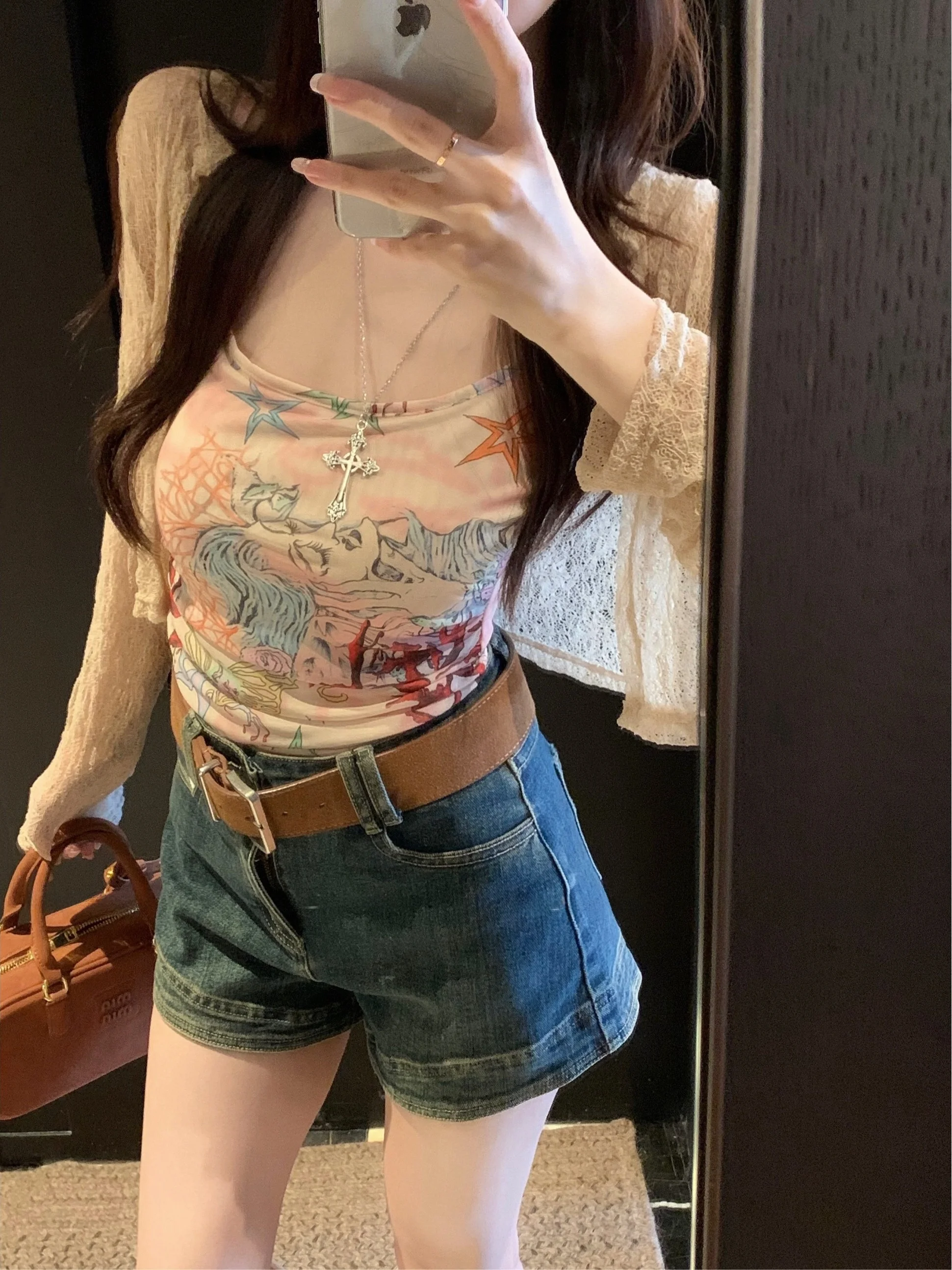 Spicy Girl Pure Desire Retro Print Strap Top Women's Spring Thin Lace Open Cardigan Outerwear Two-Piece Set Cotton Material