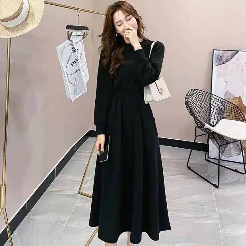 Casual Solid Elastic High Waisted Spring Summer Dress Women Long Sleeves Big Hem Dresses Ladies Basic Black White Long Sundress