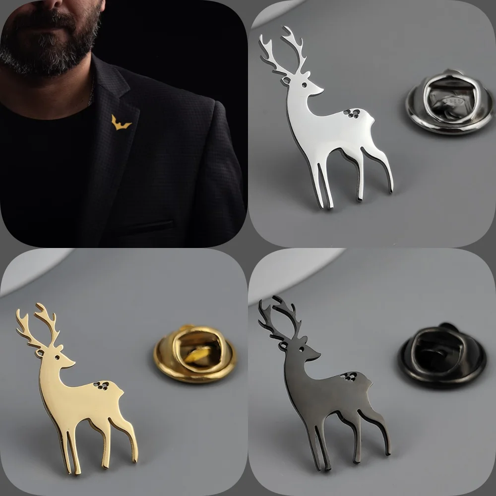 Cute sika deer gold-plated stainless steel badge, suit collar brooch, silver and black lapel pin, men's dress accessories