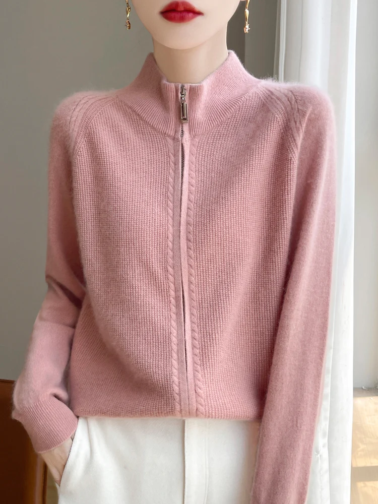 New Chic Women 100% Pure Merino Wool Soft Sweater Cardigan Autumn Winter Zipper Knitwear Long Sleeve Wool Sweater Female Tops