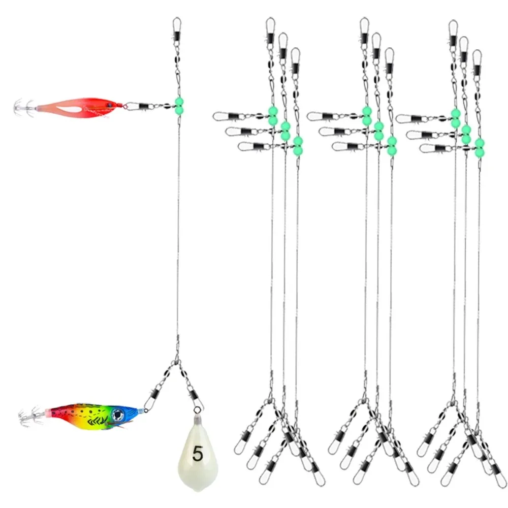 9-3PCS Pre-tied Egi Squid Rig Anti-bite Leader Luminous Beads Double Jig for Saltwater Squid Cuttlefish Night Fishing Tackle