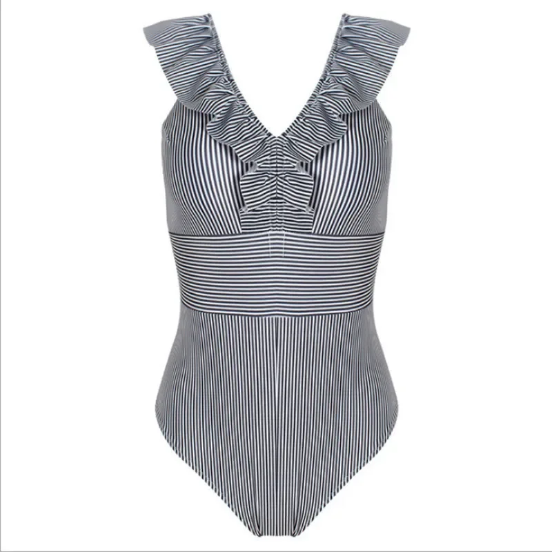 2025 nuevo traje de baño de Bikini de una pieza de verano para mujer, traje de baño Sexy sin espalda de una pieza de cintura alta, Bikini a rayas con volantes y espalda abierta
