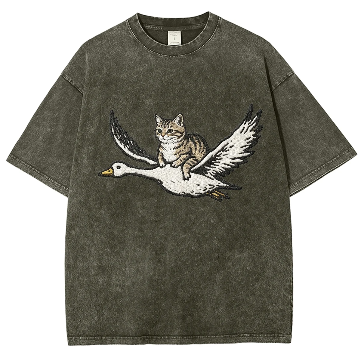 Vintage Cat Riding Flying Goose Graphic T‑Shirts Unisex Washed Casual Chaotic Funny Animal Embroidery Short Tee Streetwear