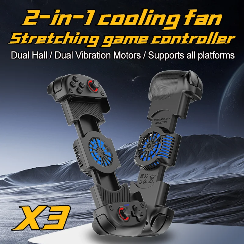 2 IN 1 Cooling Fan Stretching Gamepad X3 for Multi-Platform with Dual Hall, Dual Vibration Motors & Intelligence Bluetooth Chip