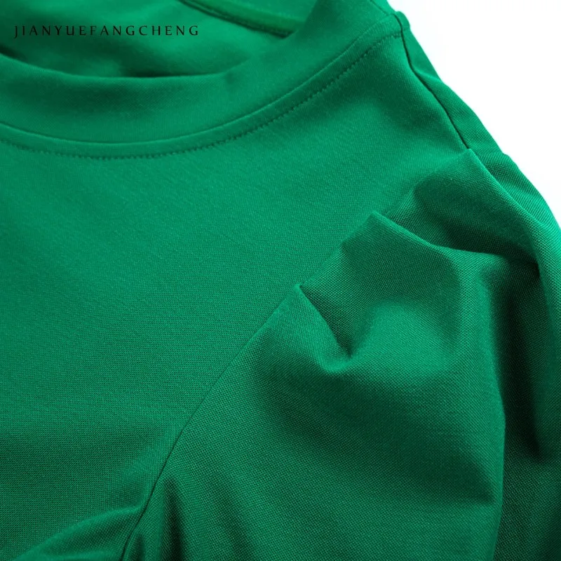 Herfst Dames Lange Mouw Ronde Hals Groen Gebreide Top Truien Met Bloemdecoratie Skinny Rekbaar Katoenen Shirt