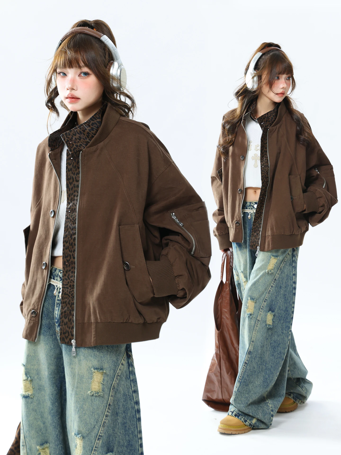 

American Retro Splicing Leopard Print Jaet Women's Loose Fit Fake Two-Piece ort Coat Autumn New Design Casual Outerwear