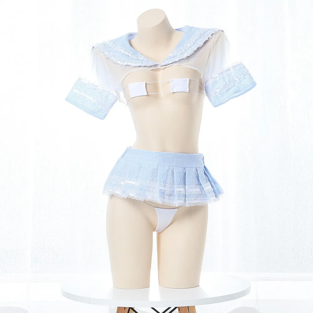 Cute Girl Anime Lace Ruffle Sailor Crop Tops Mini Plaid Skirt Cosplay Lingerie Student Lolita Japanese School Uniform Dress