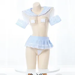 Cute Girl Anime Lace Ruffle Sailor Crop Tops Mini Plaid Skirt Cosplay Lingerie Student Lolita Japanese School Uniform Dress