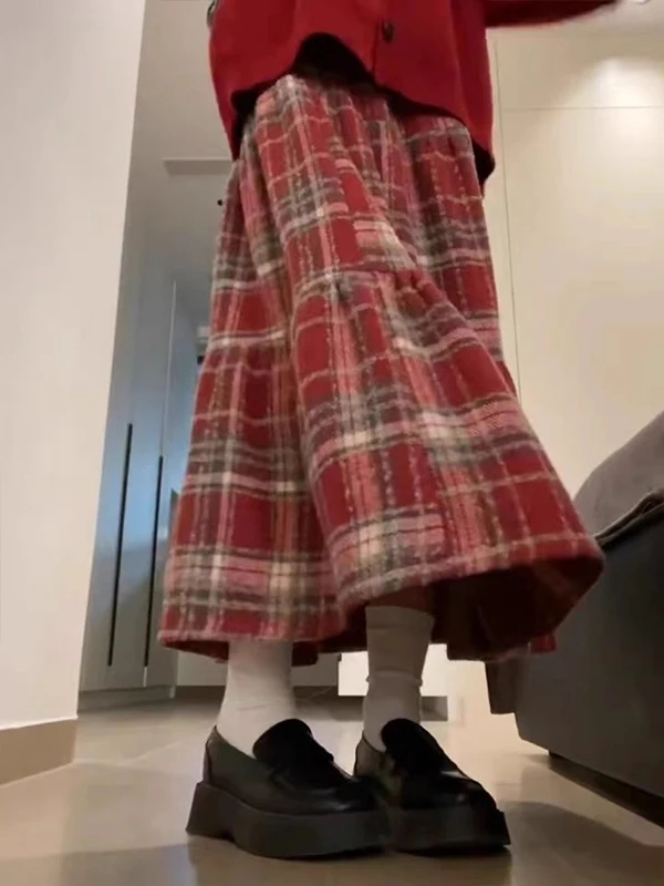 

Юбка-миди А-силуэта из красной шерстяной ткани в клетку, большие размеры, 300 Pou, женская, осенне-зимняя, универсальная, фасон «зонтик», с высокой талией, для повседневной носки