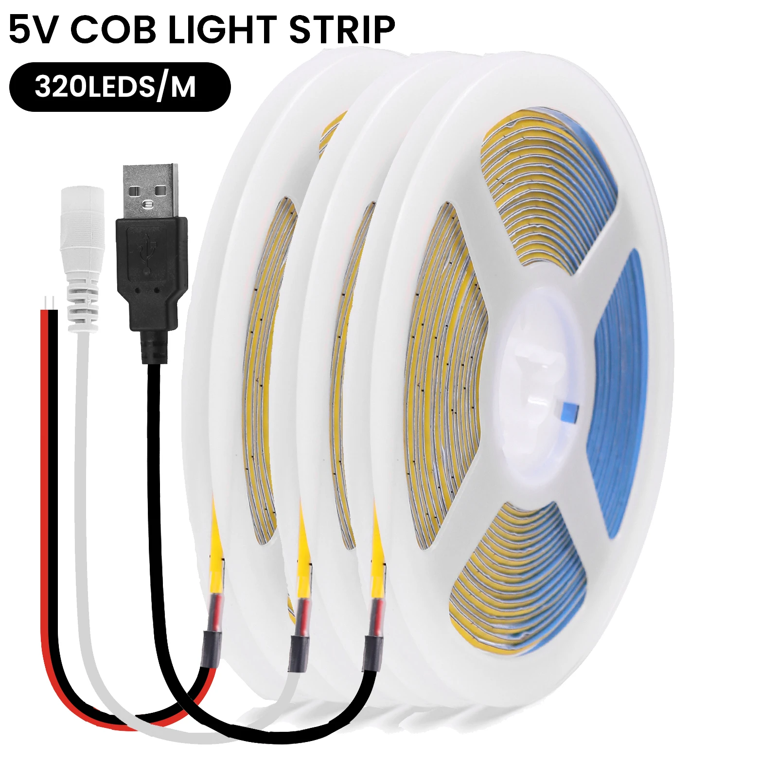 3mm Ultra Thin COB LED Strip 5V USB Flexible LED Strip 320LEDs High Density Linear Light White/Warm/Natural/Blue/Green/Red/Ice