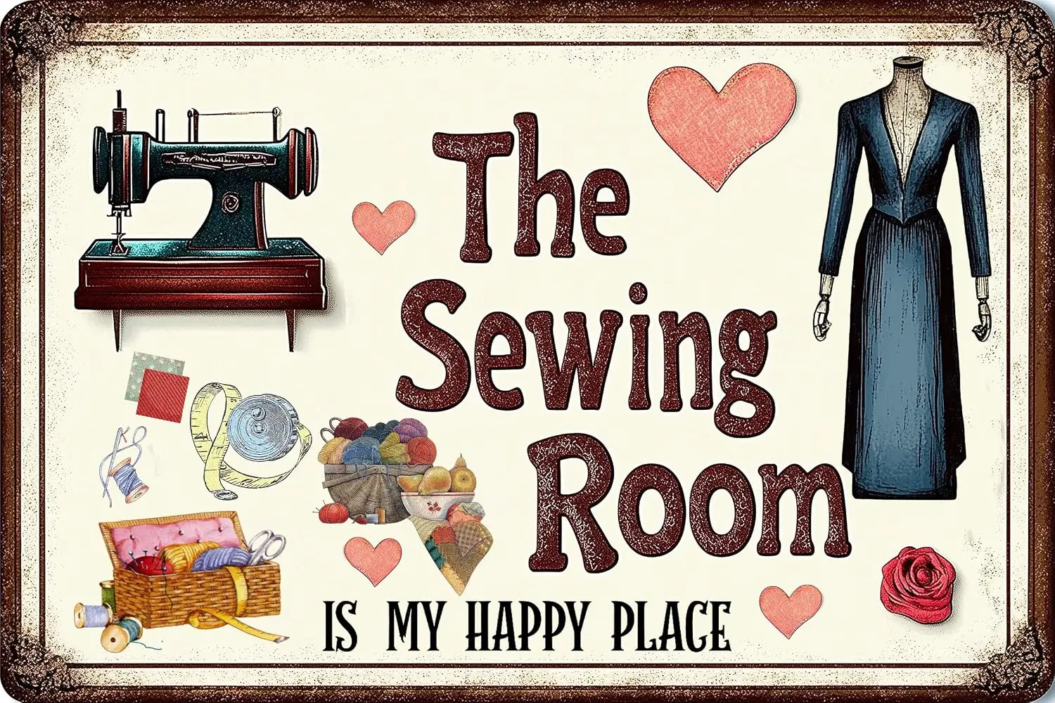 The Sewing Room is My Happy Place Metal Tin Signs Retro Wall Decor for Home Sewing Room Craft Room Decorative Metal Sign Plaque