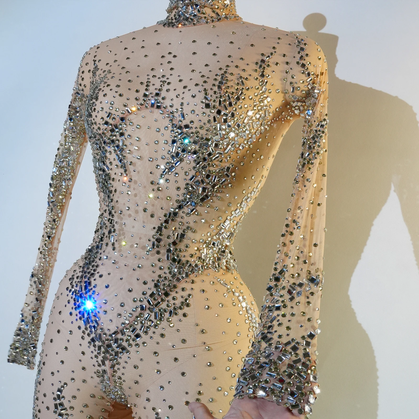 Glitter Female Luxury Rhinestones Mesh Transparent Jumpsuit Pole Dance Celebrity Party Wear Outfit Stage Stage Wear Performance