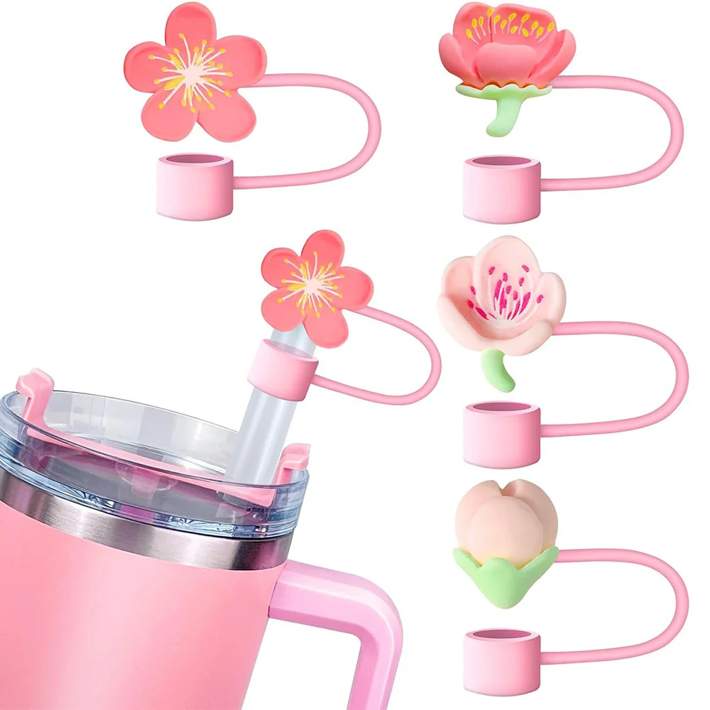 Cherry Flower Silicone Straw Cover For Stanley Cup Cute Silicone Flower Shape Drinking Dust Cap Straw Tips Cover Cup Accessories