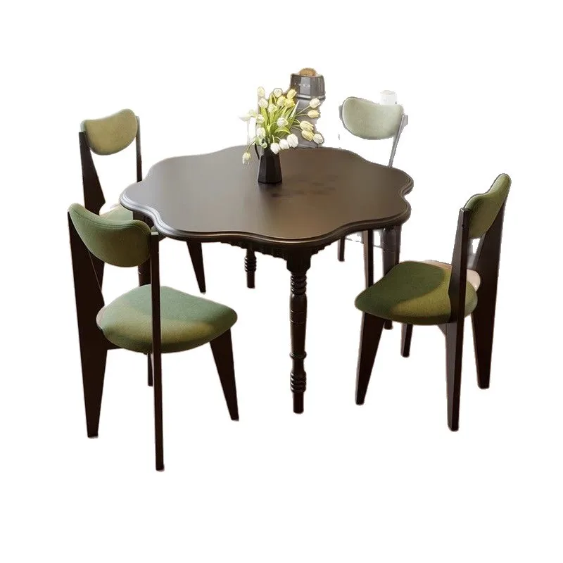 

French retro solid wood round dining chair combination medieval petal round table American small apartment household black rice