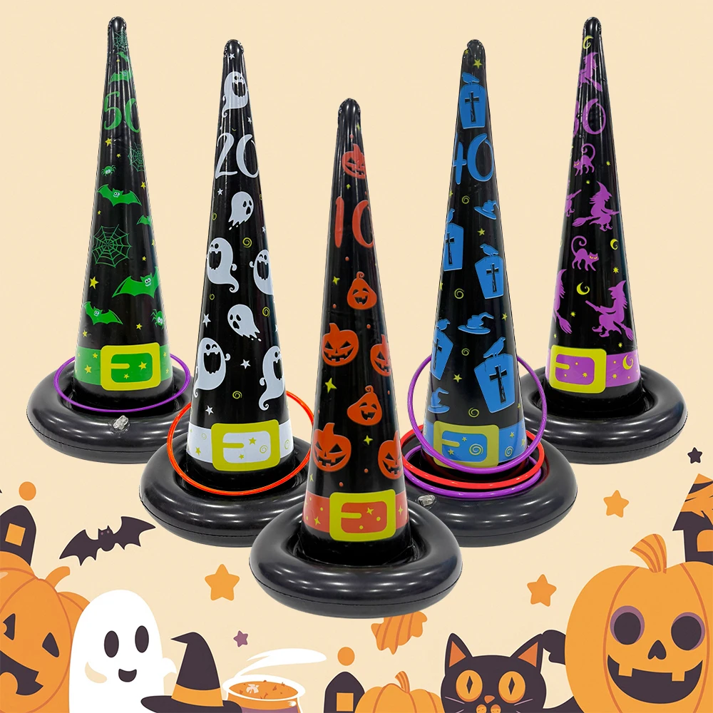 1 ensemble de chapeaux de sorcière gonflables, jeu de lancer d'anneaux, ensemble de jouets, accessoire de jeu de lancer de fête d'halloween, décoration de fête